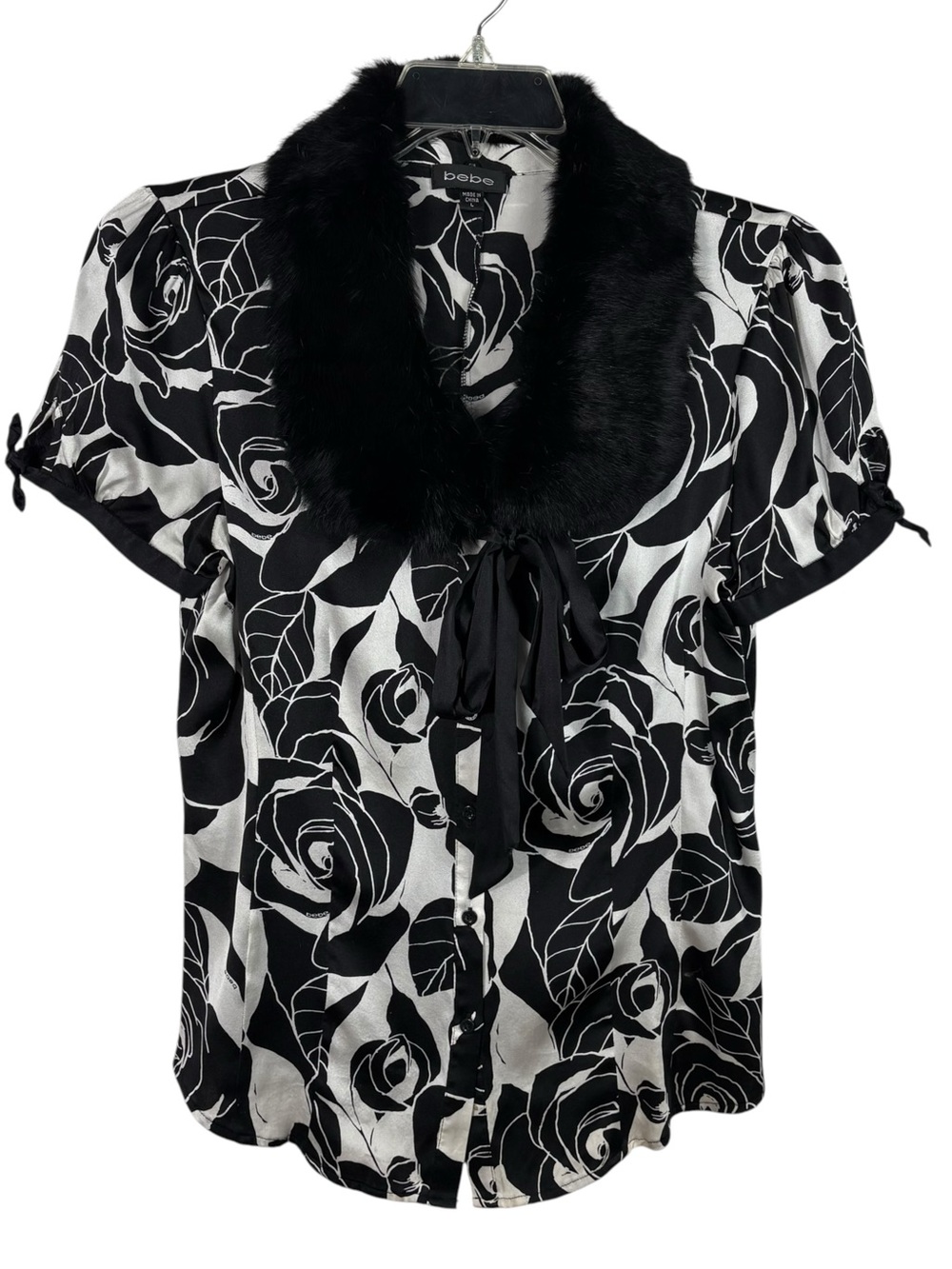 Vintage Y2K Bebe Silk Fur Trim Button Down Rose Floral Blouse Large L Whimsigoth